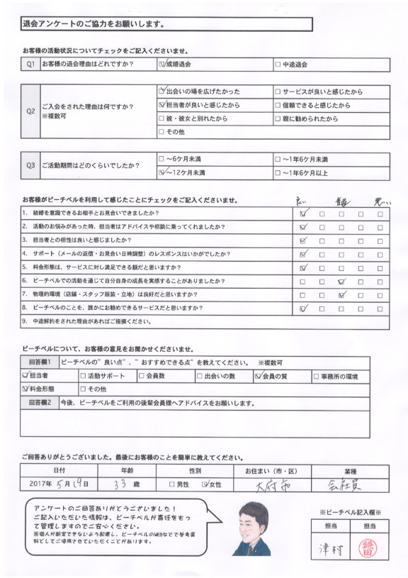 成婚退会アンケート｜大府市30代女性会員様